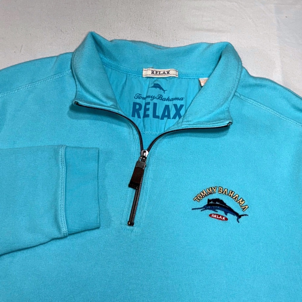 Tommy Bahama Relax Pullover Men XL Blue Quarter Zip Cotton Ribbed Marlin Coastal